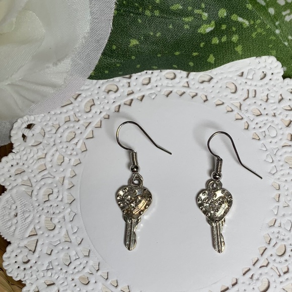 Aged Love Heart Key Earrings, with Crystal accents - Picture 4 of 7